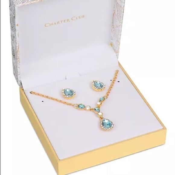 NIB Charter Club Crystal Pear-Shape Halo Lariat Necklace & Stud Earrings Set - Picture 3 of 7